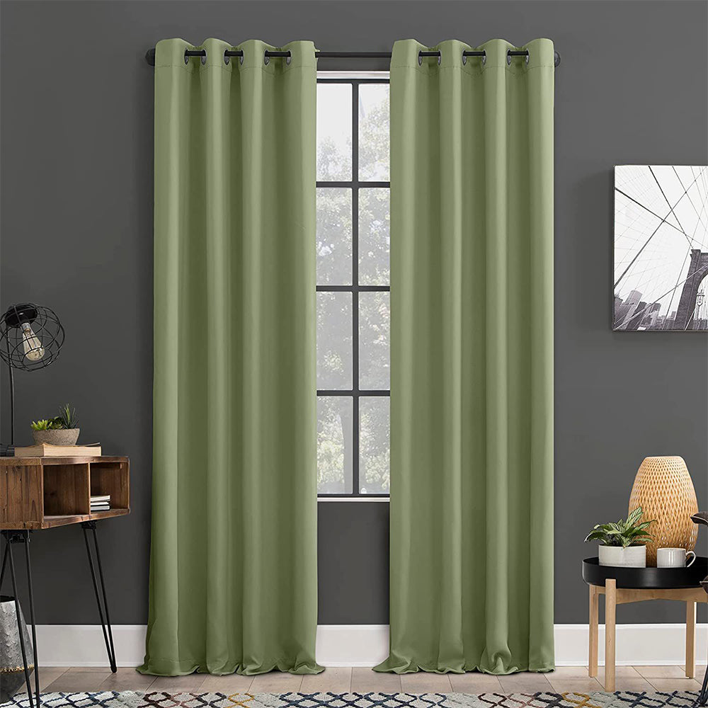 2 Pieces Plain Dyed Back Lining Eyelet Curtains - Olive Green