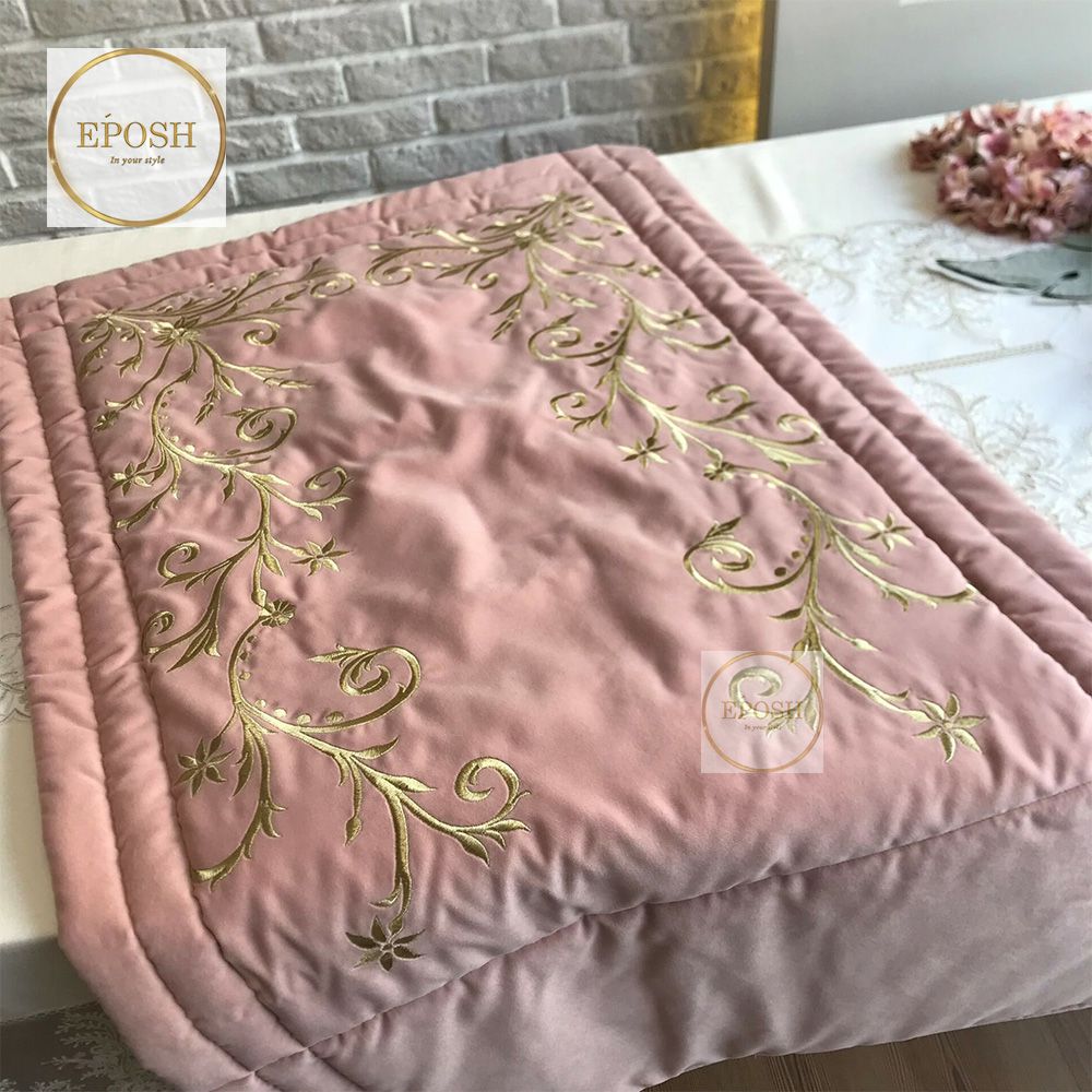 Velvet Embroidered Prayer Mat - Peach