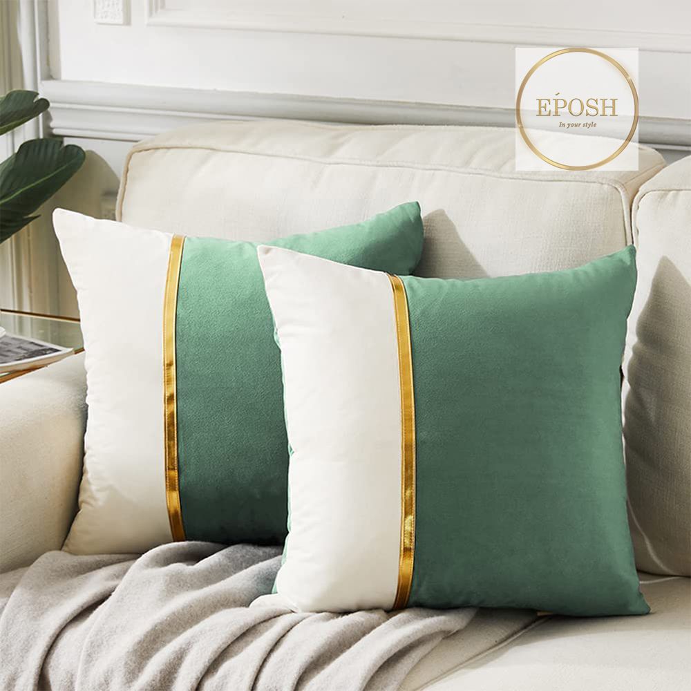 Pack of 2 Velvet Decorative Square Cushion - Pista Green and White