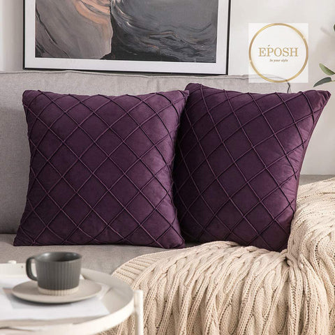 Pack of 2 Velvet Decorative Pleated Square Cushion - Plum