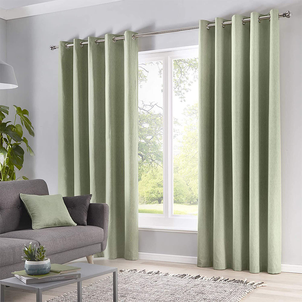 2 Pieces Plain Dyed Back Lining Eyelet Curtains - Sage Green