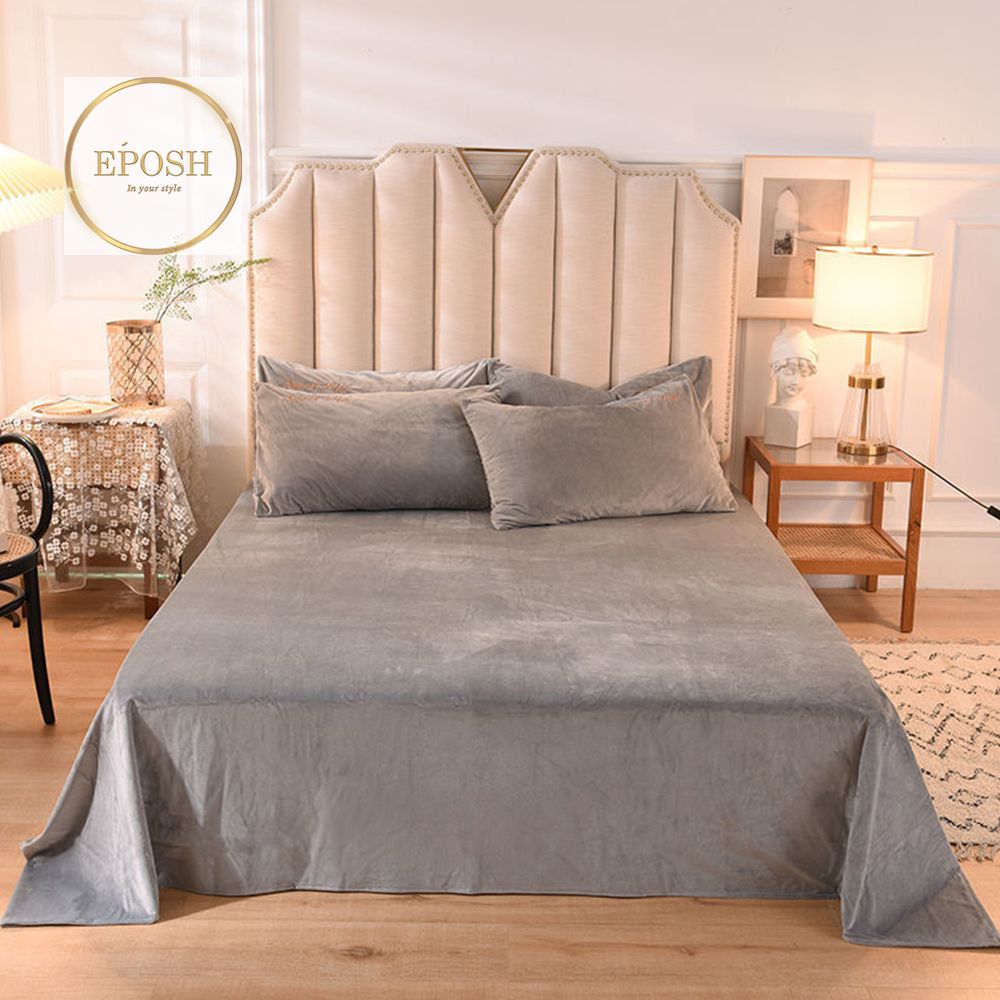Velvet Bedsheet with 2  pillow covers - Silver Grey