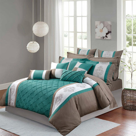Luxury Embroidered Duvet Set - Teal and Coffee