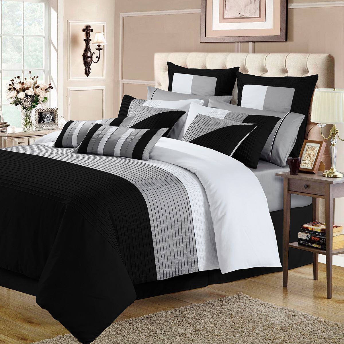 Embellish Horizontal Pleats Duvet Set - Black and Grey
