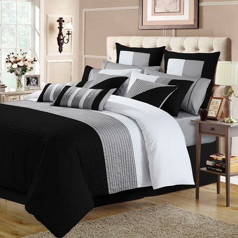 Embellish Horizontal Pleats Duvet Set - Black and Grey