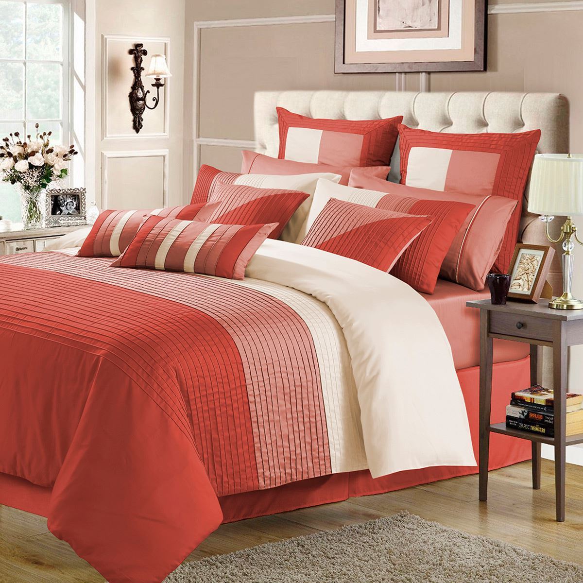Embellish Horizontal Pleats Duvet Set - Coral and Peach