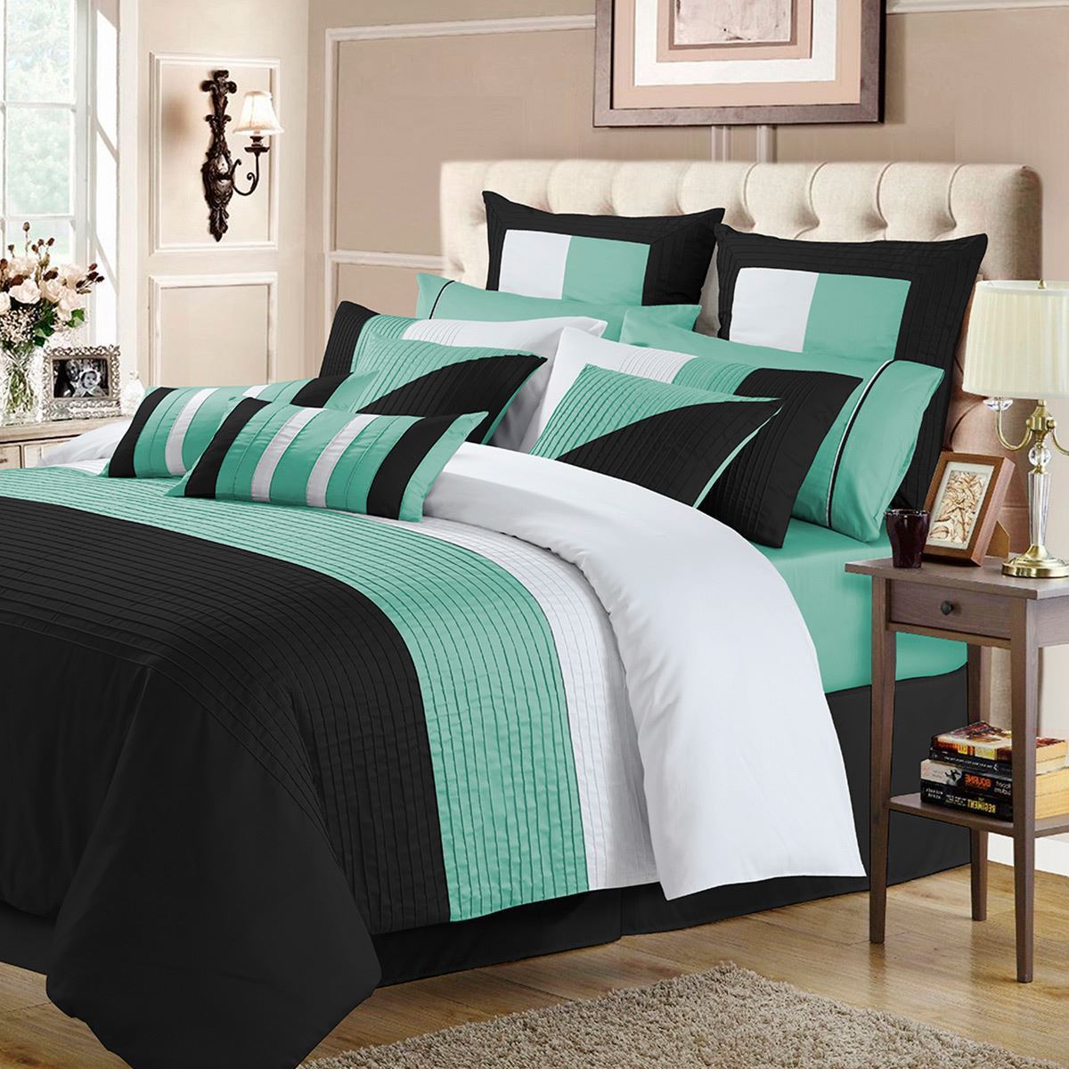Embellish Horizontal Pleats Duvet Set - Turquoise and Black