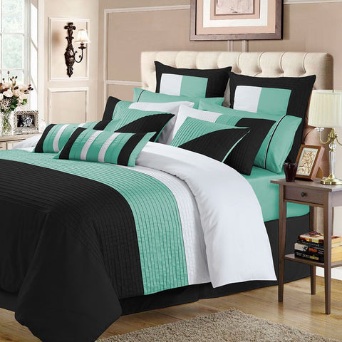 Embellish Horizontal Pleats Duvet Set - Turquoise and Black