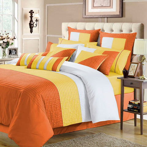 Embellish Horizontal Pleats Duvet Set - Orange and Yellow
