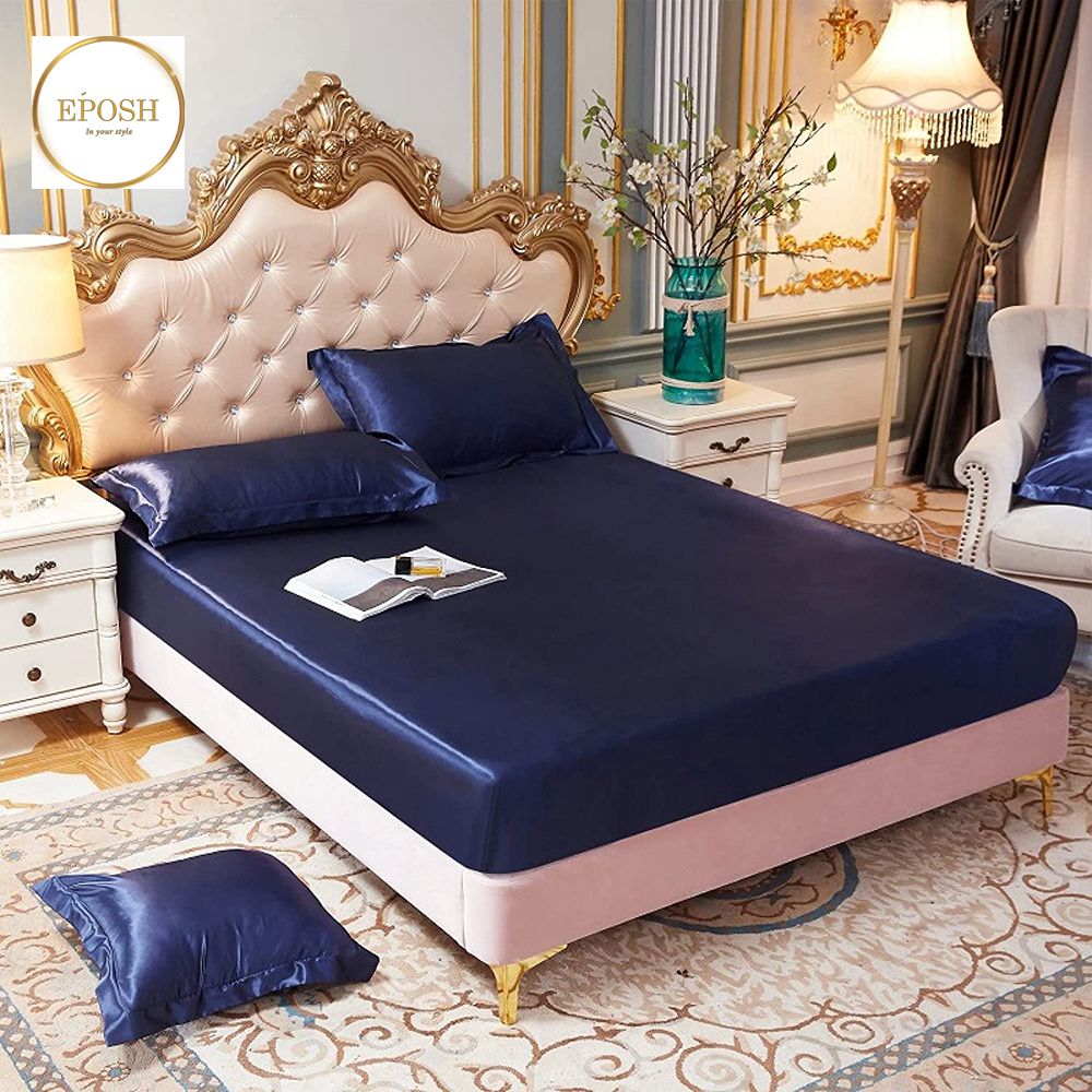 Silk Fitted Sheet with Pillow covers - Navy Blue