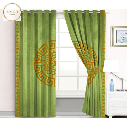 2 Pieces Premium splendid velvet curtain Panels & 2 Belts (Green/Gold)