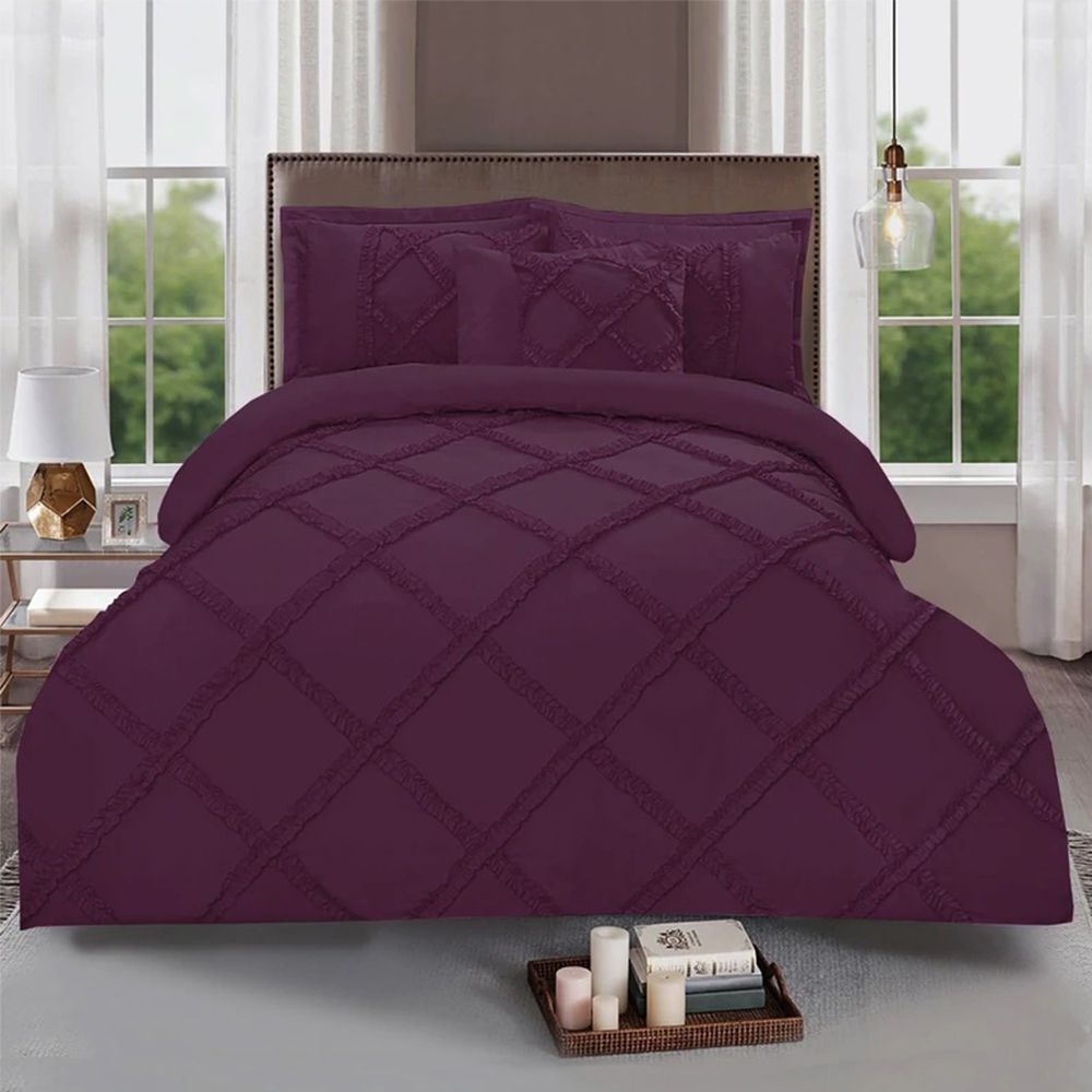 Ruffled Cross Pleated Duvet Set - Purple