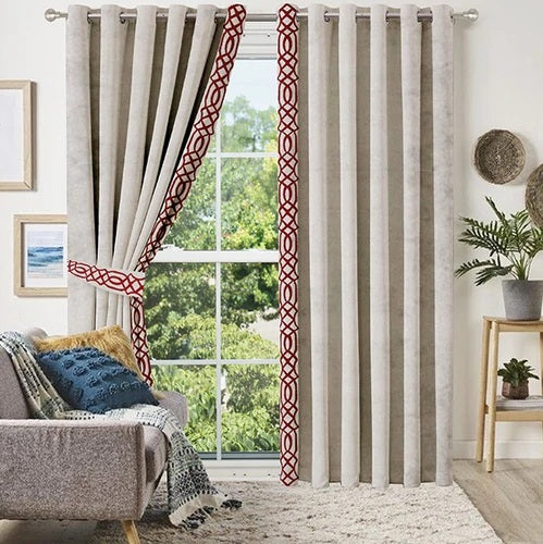 2 Pieces Crocodile Luxury Velvet Curtain Panels with 2 belts-Beige/Maroon