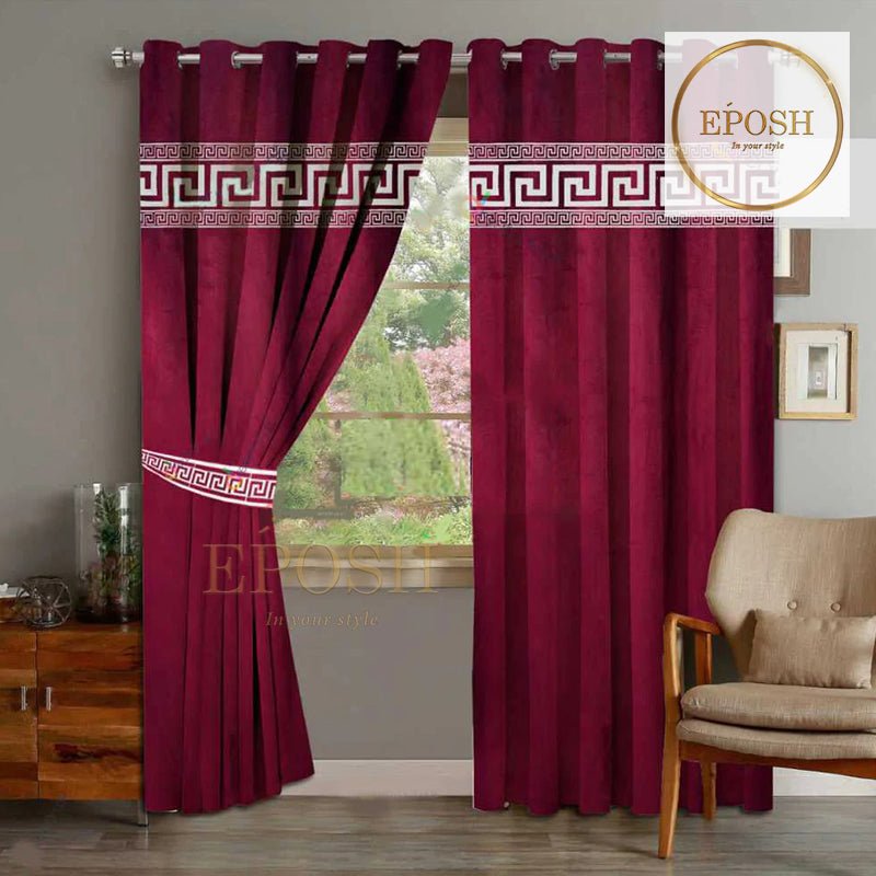 2 Pieces Luxury Velvet Curtain Panels with 2 belts-Maroon/White