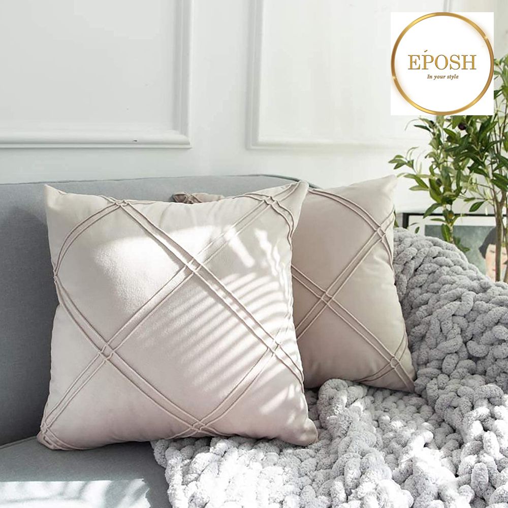 Pack of 2 Velvet Decorative Double Cross Pleated Cushion-Beige