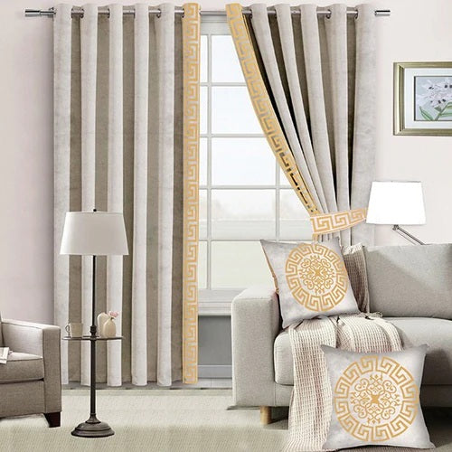 2 Pieces Premium splendid velvet curtain Panels & 2 Belts-Beige/gold07