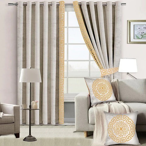 2 Pieces Premium splendid velvet curtain Panels & 2 Belts-Beige/gold07