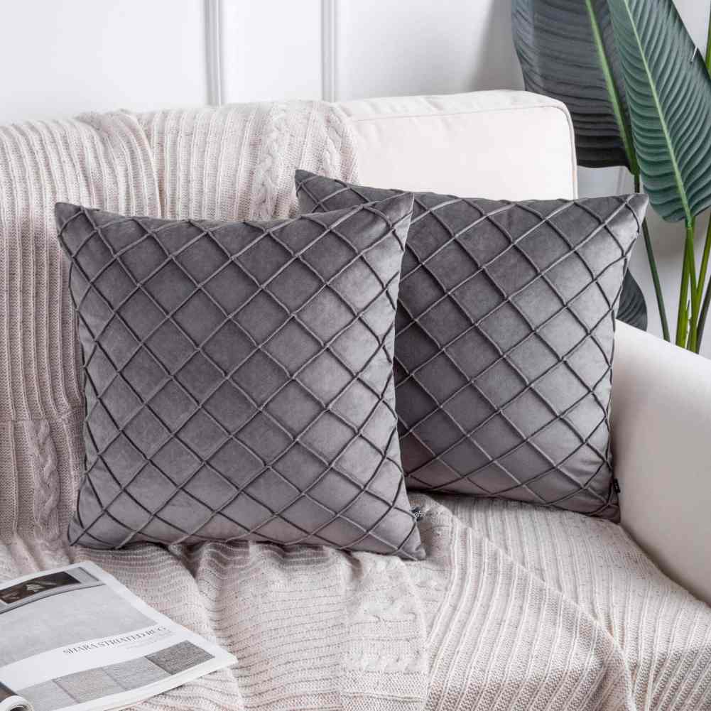 Pack of 2 Velvet Decorative Pleated Square Cushion -  Charcoal Grey