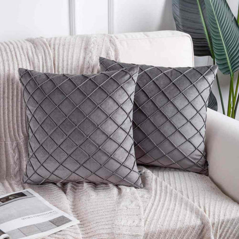 Pack of 2 Velvet Decorative Pleated Square Cushion -  Charcoal Grey