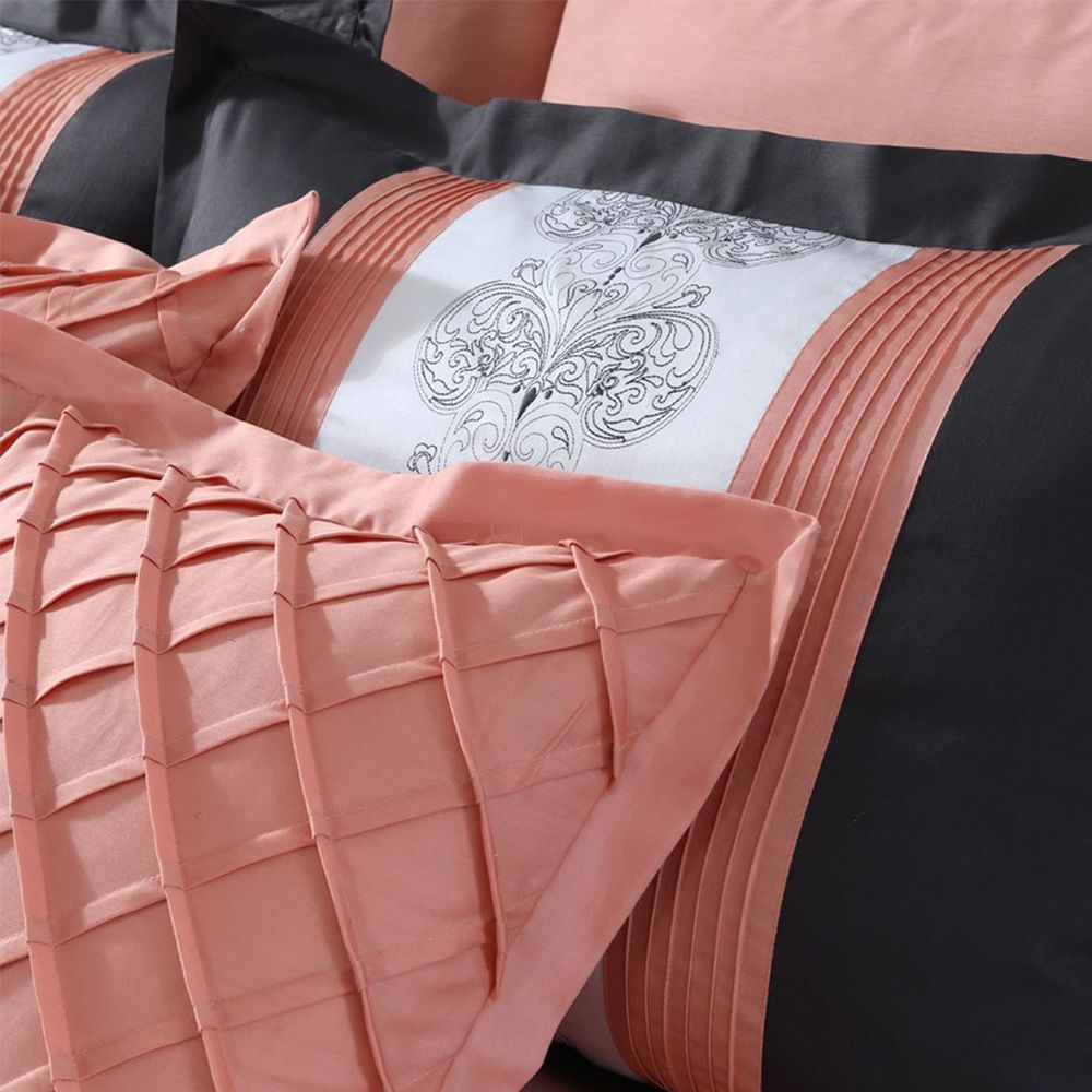 Peach and Black Embroidered Pleated Duvet Set