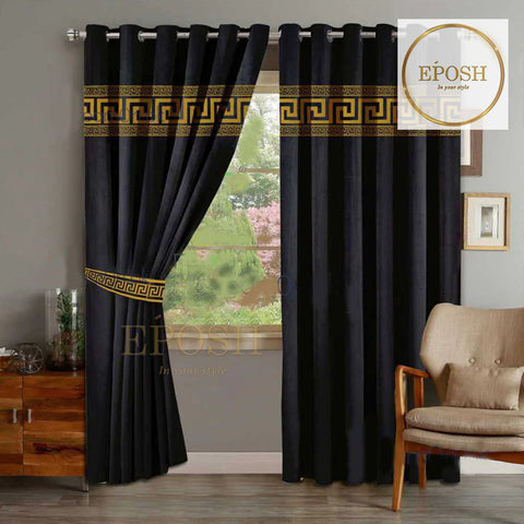 2 Pieces Luxury Velvet Curtain Panels with 2 belts-Black/Camel