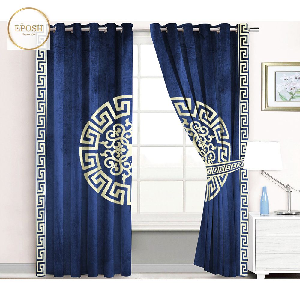 2 Pieces Premium splendid velvet curtain Panels & 2 Belts (Navy/White)