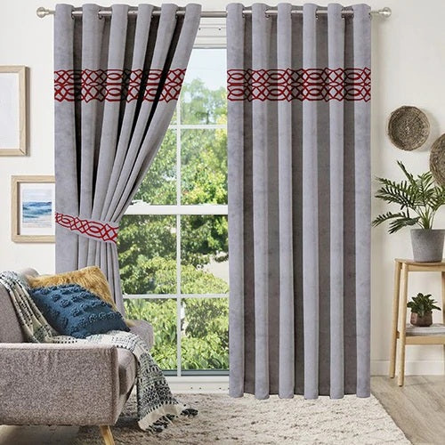 2 Pieces Crocodile  Luxury Velvet Curtain Panels with 2 belts-Grey/Maroon