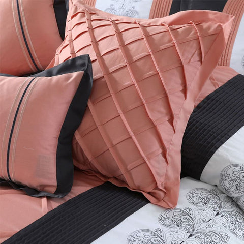 Peach and Black Embroidered Pleated Duvet Set