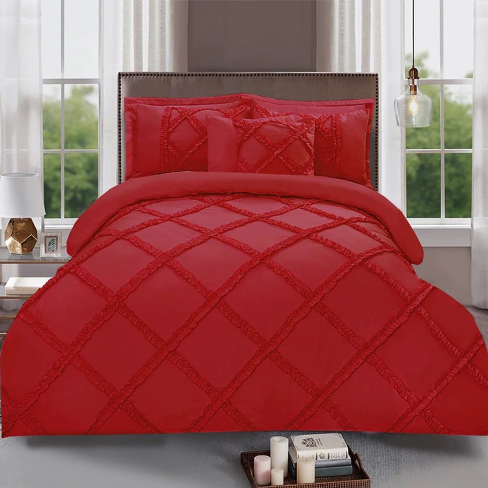 Ruffled Cross Pleated Duvet Set - Red