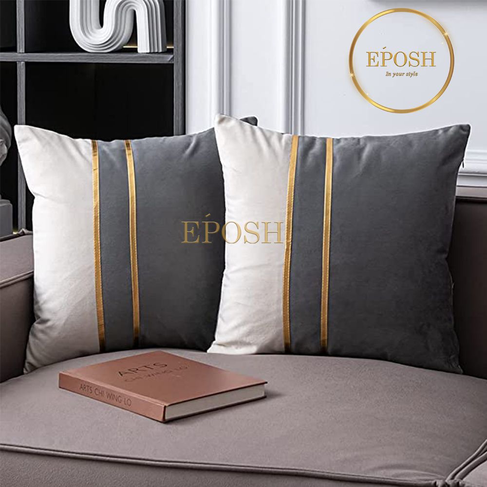 Pack of 2 Velvet Decorative Square Cushion -Grey and White