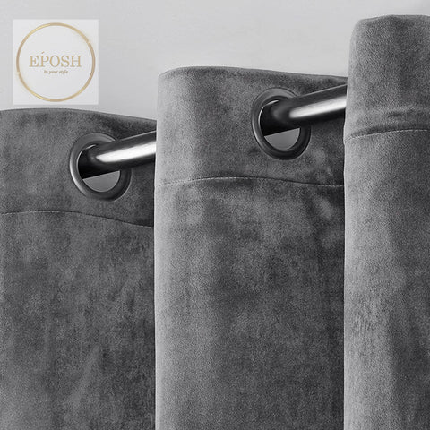 2 Pieces Plain Dyed Velvet Eyelet Curtains-Charcoal Grey