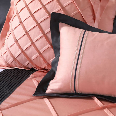 Peach and Black Embroidered Pleated Duvet Set