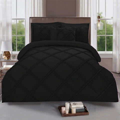 Ruffled Cross Pleated Duvet Set - Black