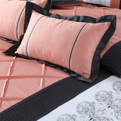 Peach and Black Embroidered Pleated Duvet Set