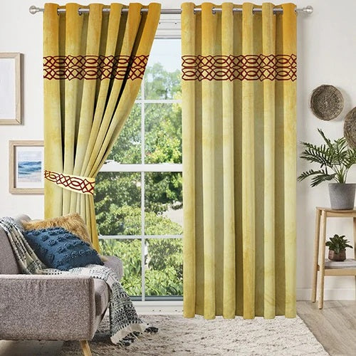 2 Pieces Crocodile  Luxury Blackout Velvet Curtain Panels with 2 belts-Yellow/Maroon 02