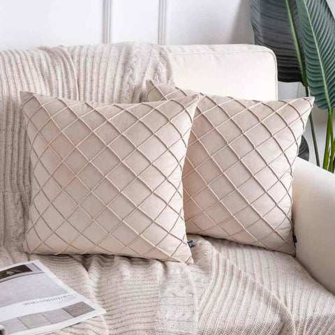 Pack of 2 Velvet Decorative Pleated Square Cushion -  Beige