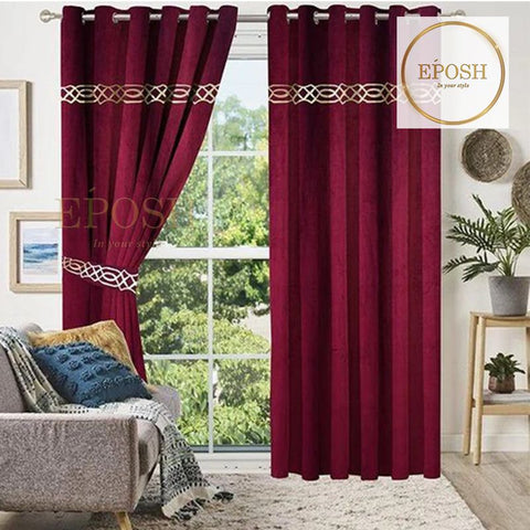2 Pieces Crocodile Luxury Velvet Curtain Panels with 2 belts-Maroon