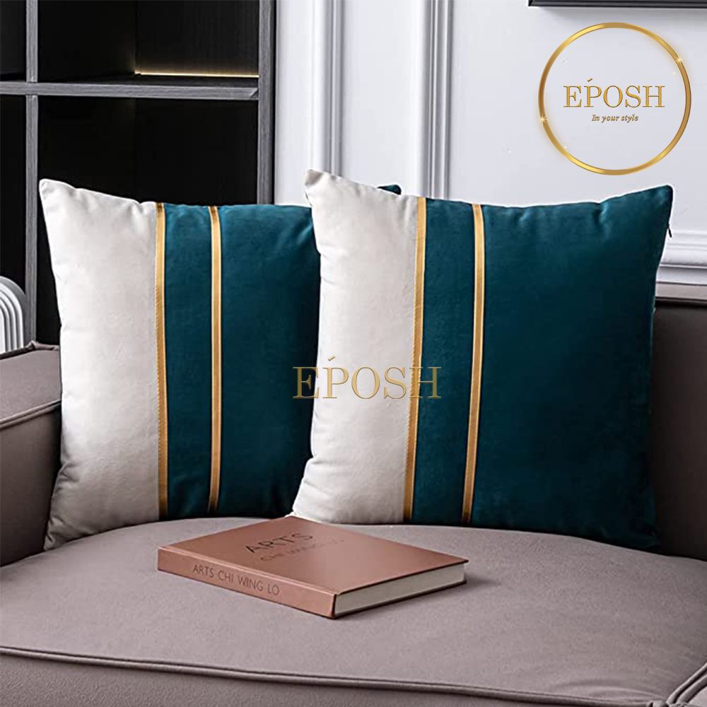 Pack of 2 Velvet Decorative Square Cushion -Teal and White