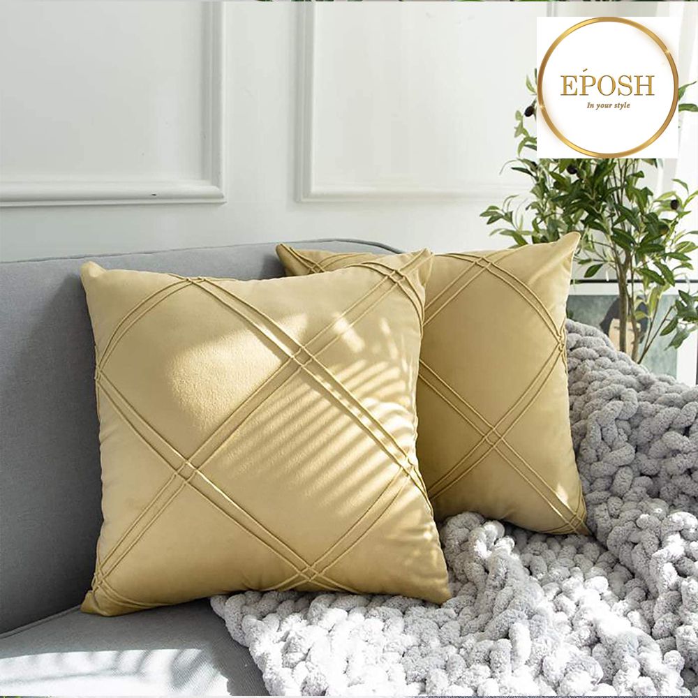 Pack of 2 Velvet Decorative Double Cross Pleated Cushion-Natural