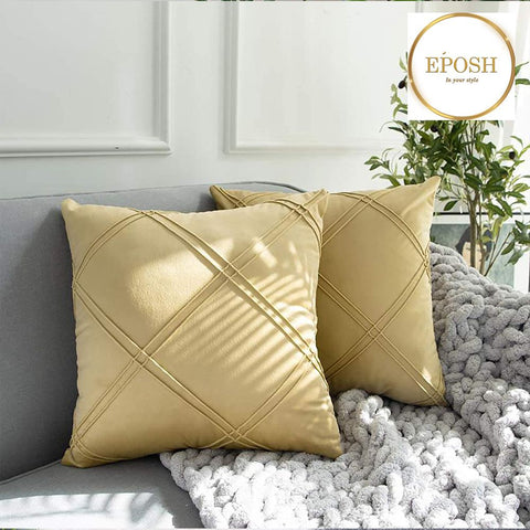 Pack of 2 Velvet Decorative Double Cross Pleated Cushion-Natural