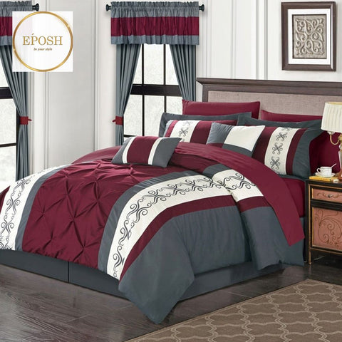 Luxury Pintucks Embroidered Duvet Set - Maroon and Grey