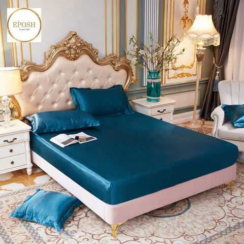 Silk Fitted Sheet with Pillow covers - Blue