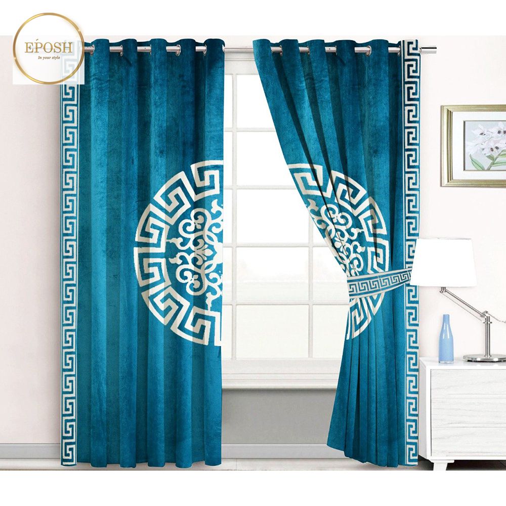 2 Pieces Premium splendid velvet curtain Panels & 2 Belts (Cyan Blue/off white)