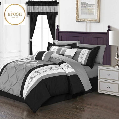 Luxury Pintucks Embroidered Duvet Set - Black and Grey