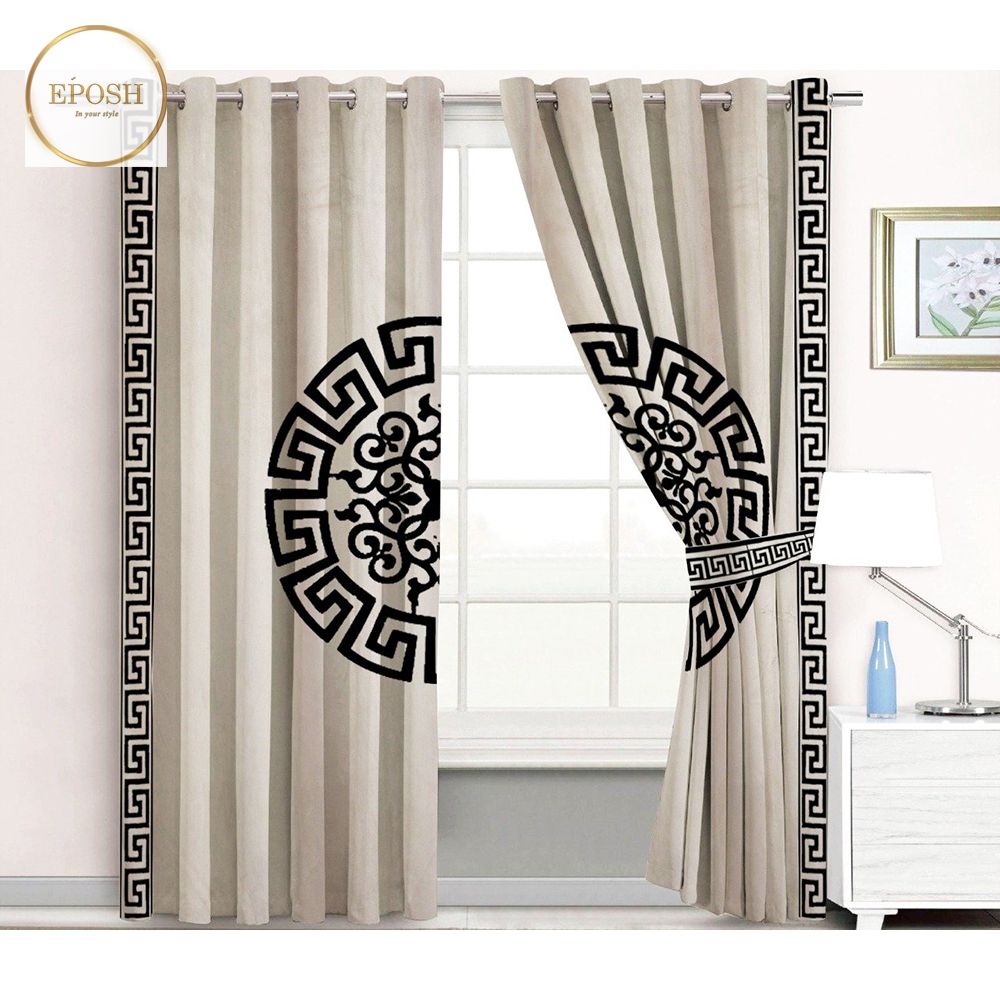 2 Pieces Premium splendid velvet curtain Panels & 2 Belts (Beige/Black)