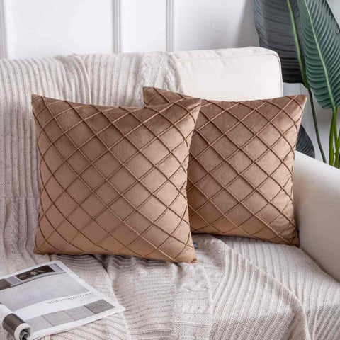 Pack of 2 Velvet Decorative Pleated Square Cushion -  Brown