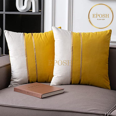 Pack of 2 Velvet Decorative Square Cushion -Yellow and White