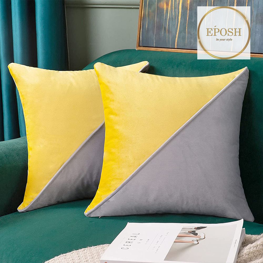 Pack of 2 Velvet Decorative Square Cushion-Yellow&Grey