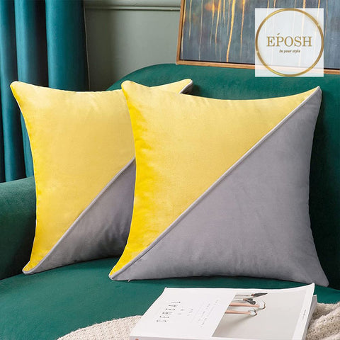 Pack of 2 Velvet Decorative Square Cushion-Yellow&Grey