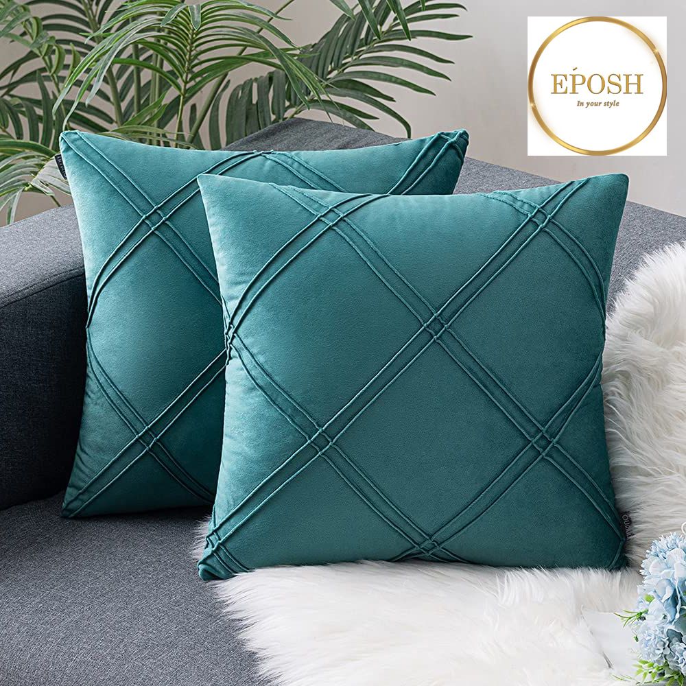 Pack of 2 Velvet Decorative Double Cross Pleated Cushion-Teal